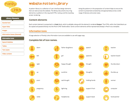 Family Links Pattern Library view.